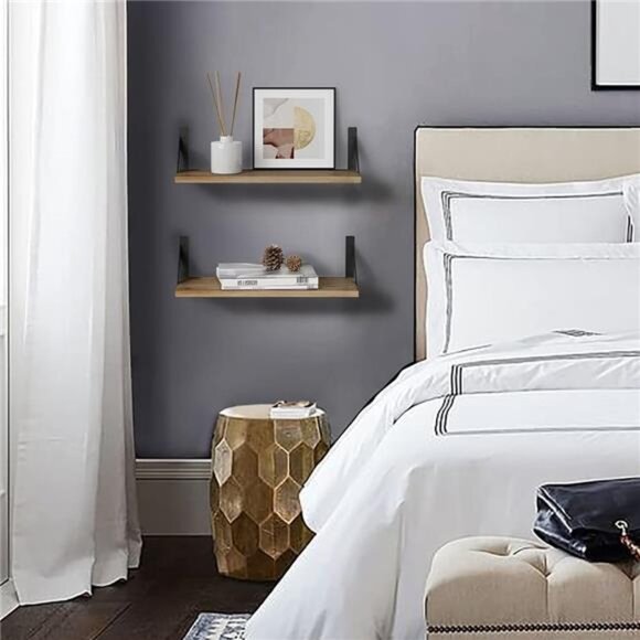 Floating Shelves with Black Metal Brackets Set of 3, Light Wood Wall Bookshelf - Picture 7 of 8